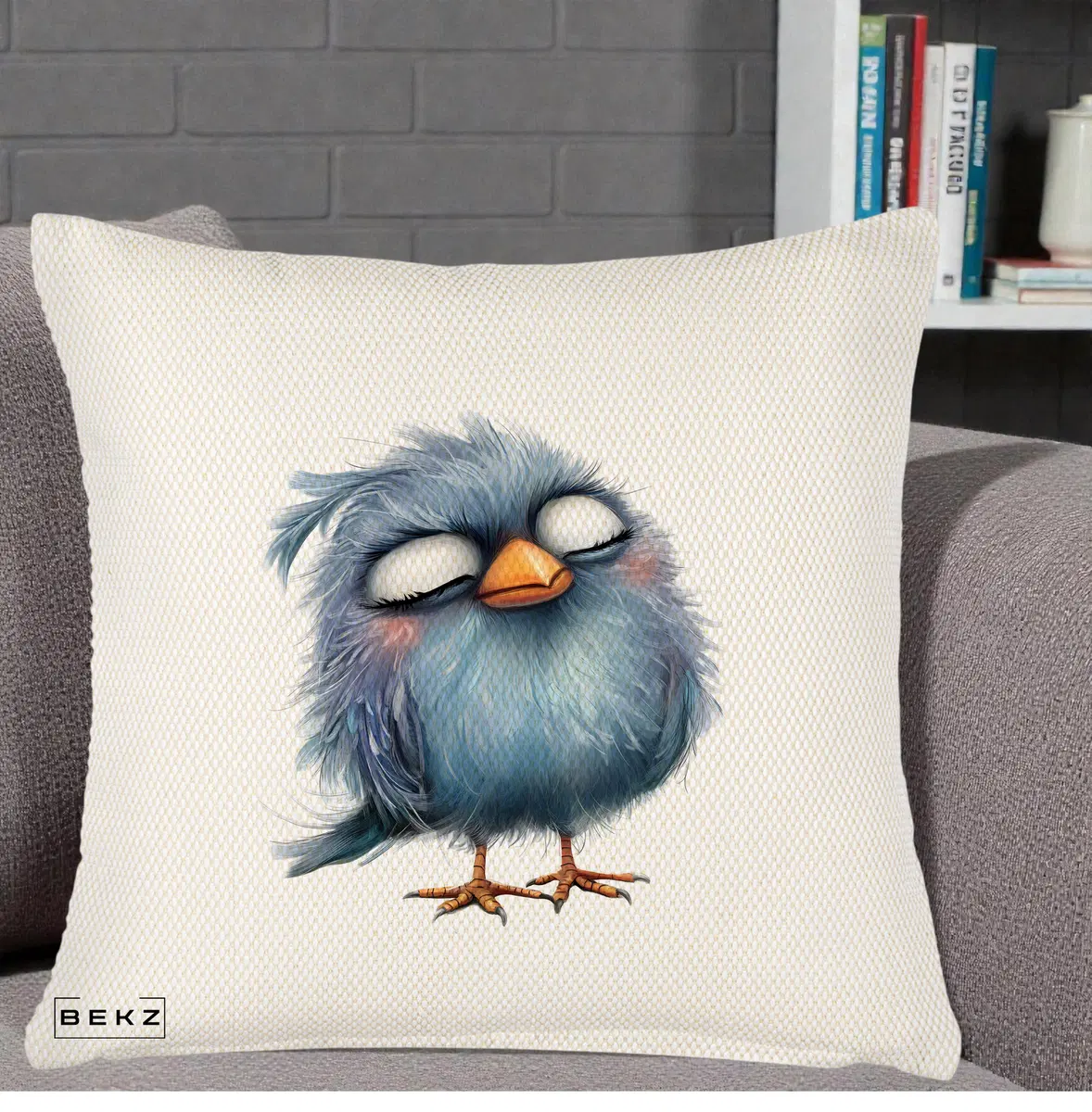 Perna Decorativa Pui Pufos Albastru Adormit, 40x40 cm, Crem Reliefat, Husa Detasabila, Perna, BEKZ®