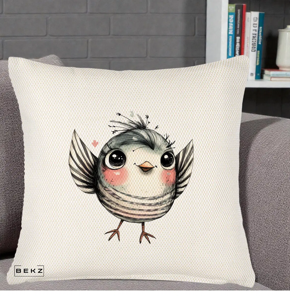Perna Decorativa Pasare Gri cu Aripi si Inimioare, 40x40 cm, Crem Reliefat, Husa Detasabila, Perna, BEKZ®