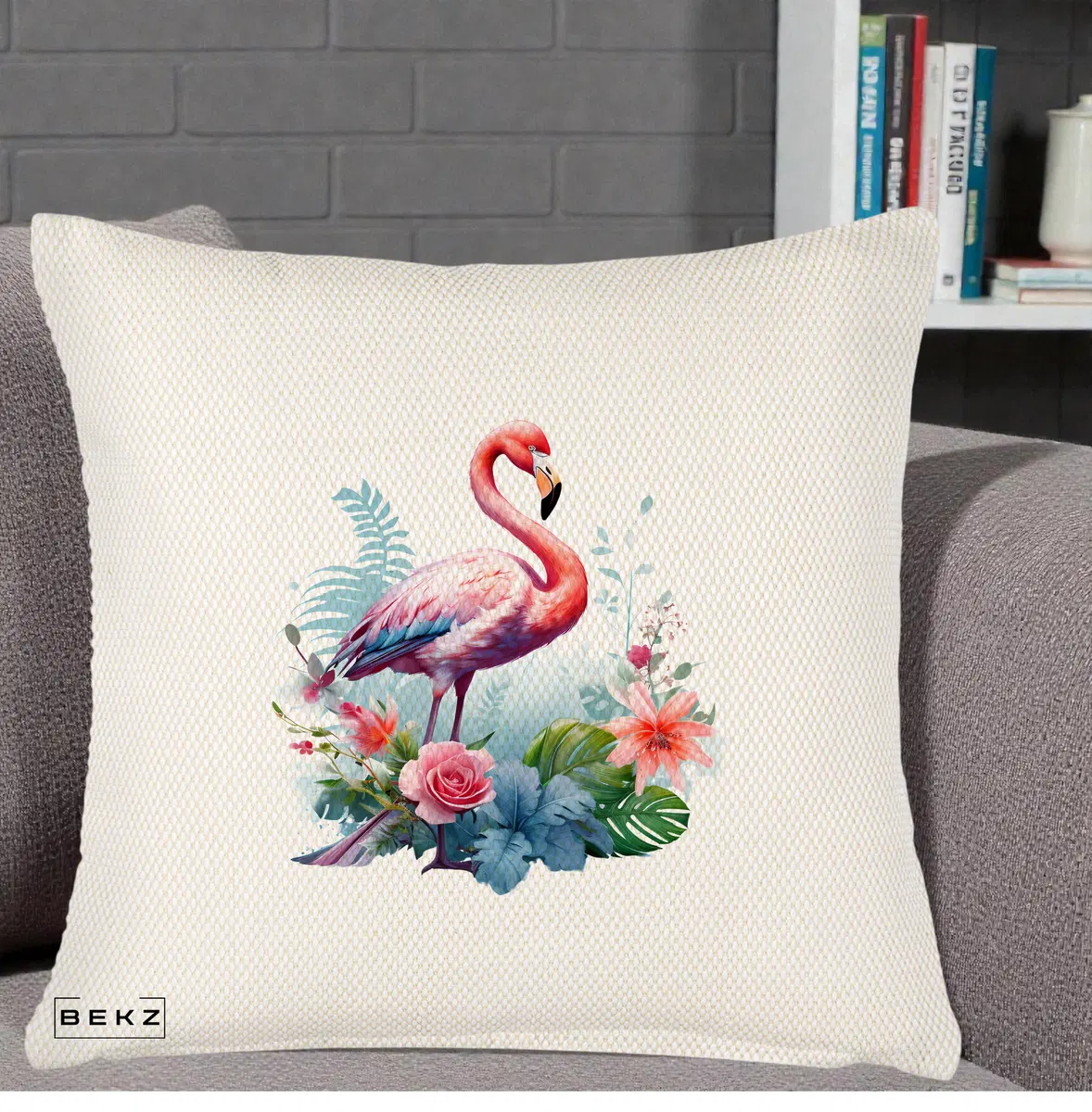 Perna Decorativa Flamingo cu Flori Tropicale Acuarela, 40x40 cm, Crem Reliefat, Husa Detasabila, Perna, BEKZ®