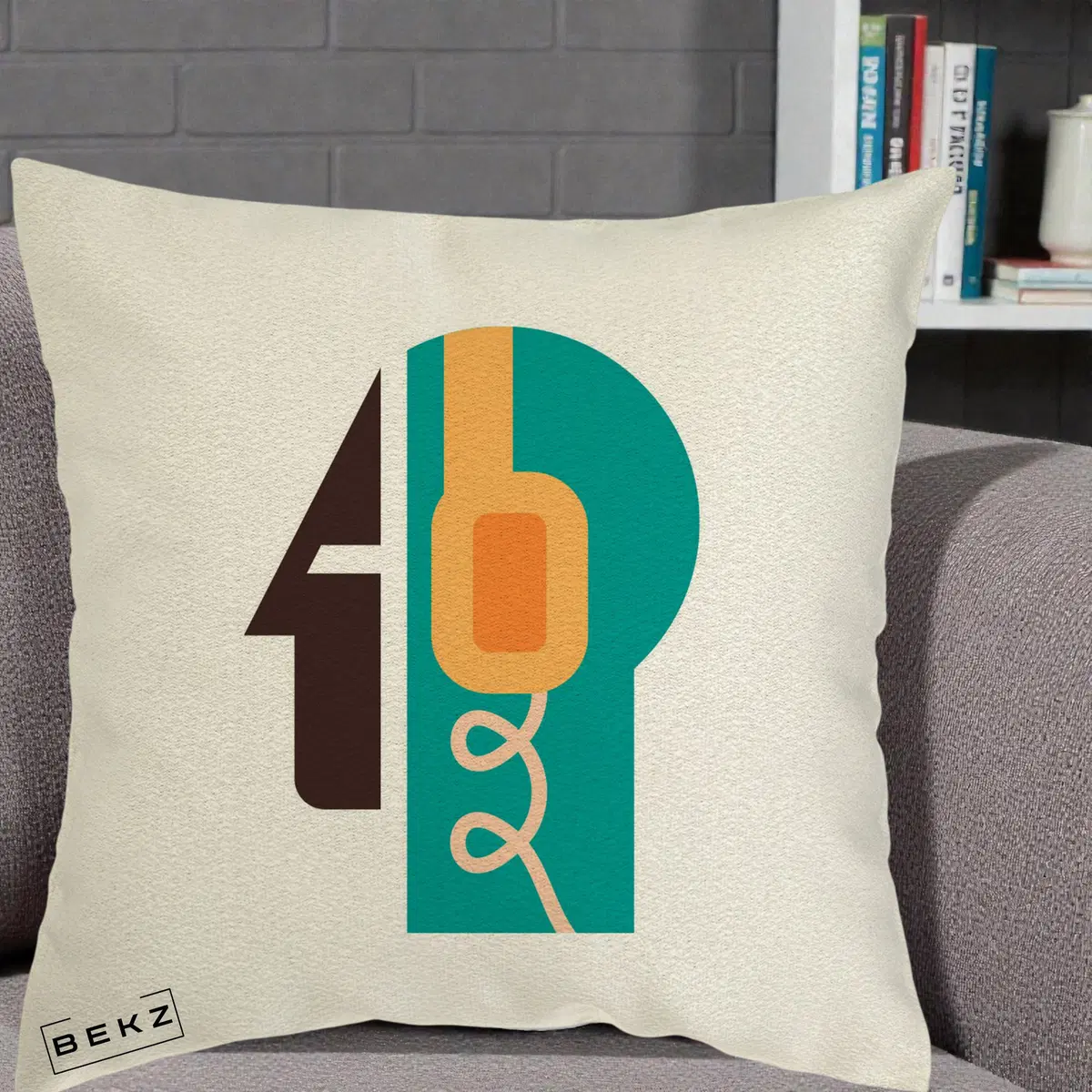 Perna Decorativa Retro Casti Muzicale, 40x40 cm, Ecru, Husa Detasabila, Perna, BEKZ®