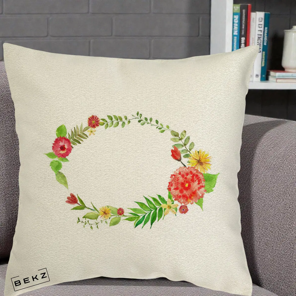Perna Decorativa Coroana Florala Acuarela, 40x40 cm, Ecru, Husa Detasabila, Perna, BEKZ®