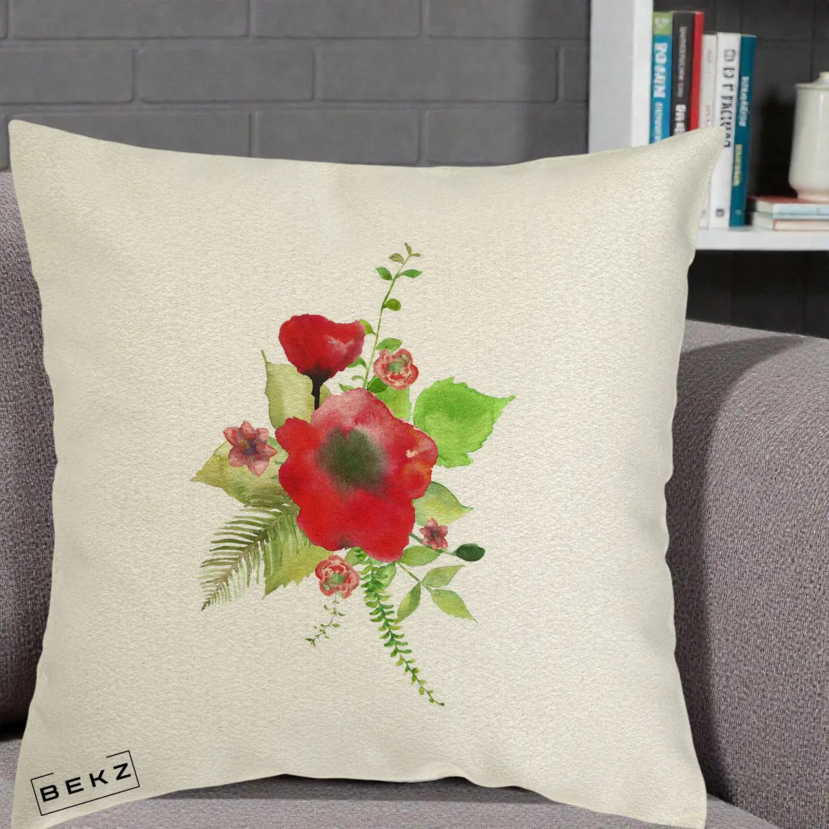 Perna Decorativa Buchet Rosu Acuarela, 40x40 cm, Ecru, Husa Detasabila, Perna, BEKZ®