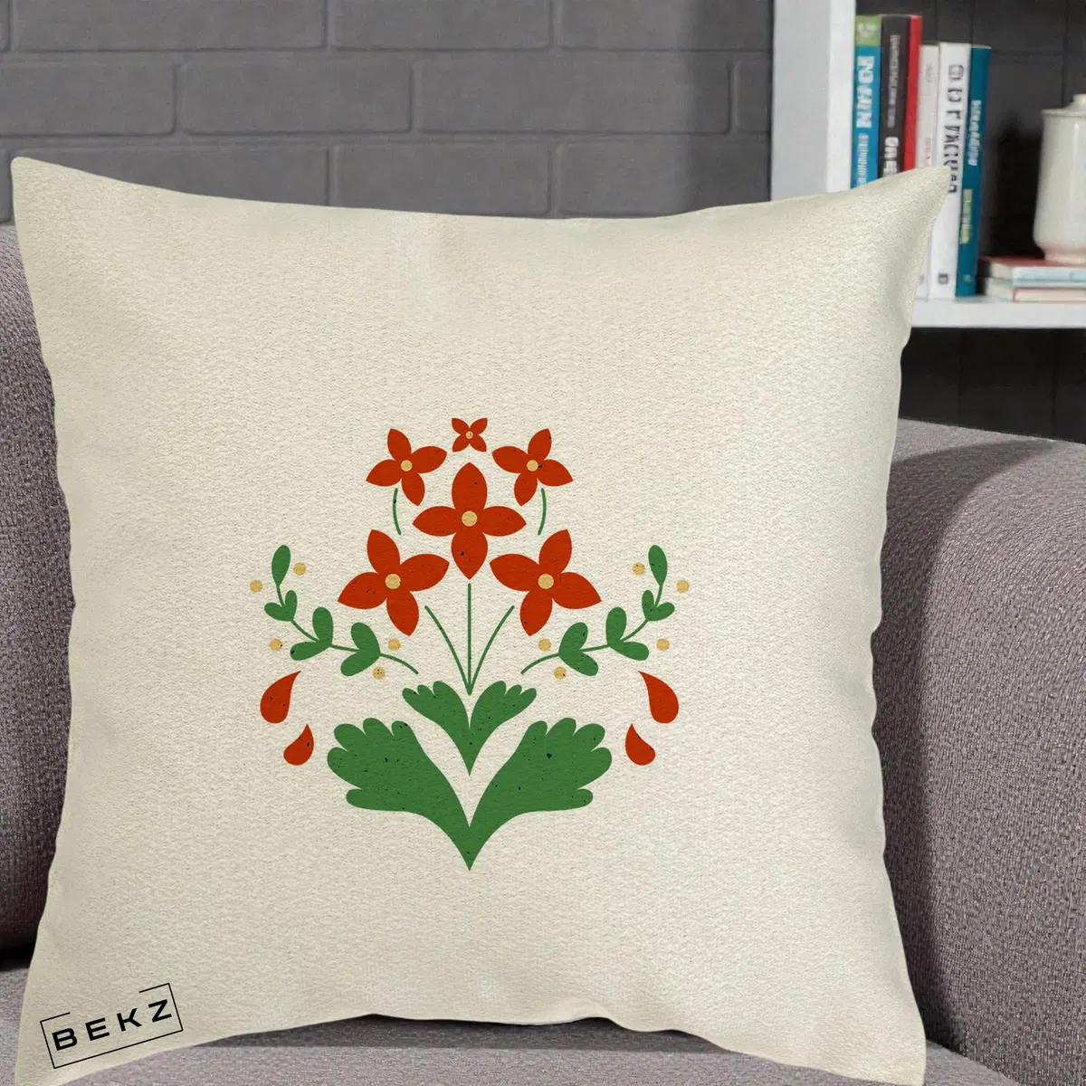 Perna Decorativa Buchet Floral Folk Rosu-Verde, 40x40 cm, Ecru, Husa Detasabila, Perna, BEKZ®
