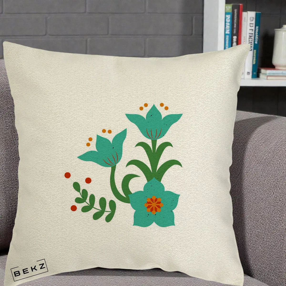 Perna Decorativa Flori Stilizate Folk Turcoaz, 40x40 cm, Ecru, Husa Detasabila, Perna, BEKZ®
