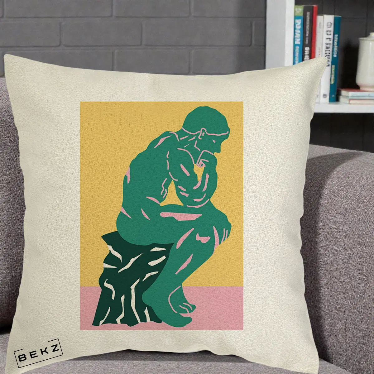 Perna Decorativa Ganditorul Sculptura Pop Art, 40x40 cm, Ecru, Husa Detasabila, Perna, BEKZ®