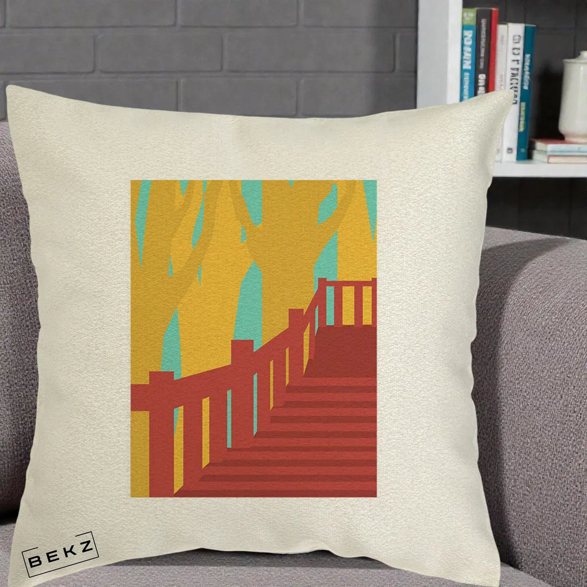 Perna Decorativa Scari Toamna Peisaj Grafic, 40x40 cm, Ecru, Husa Detasabila, Perna, BEKZ®