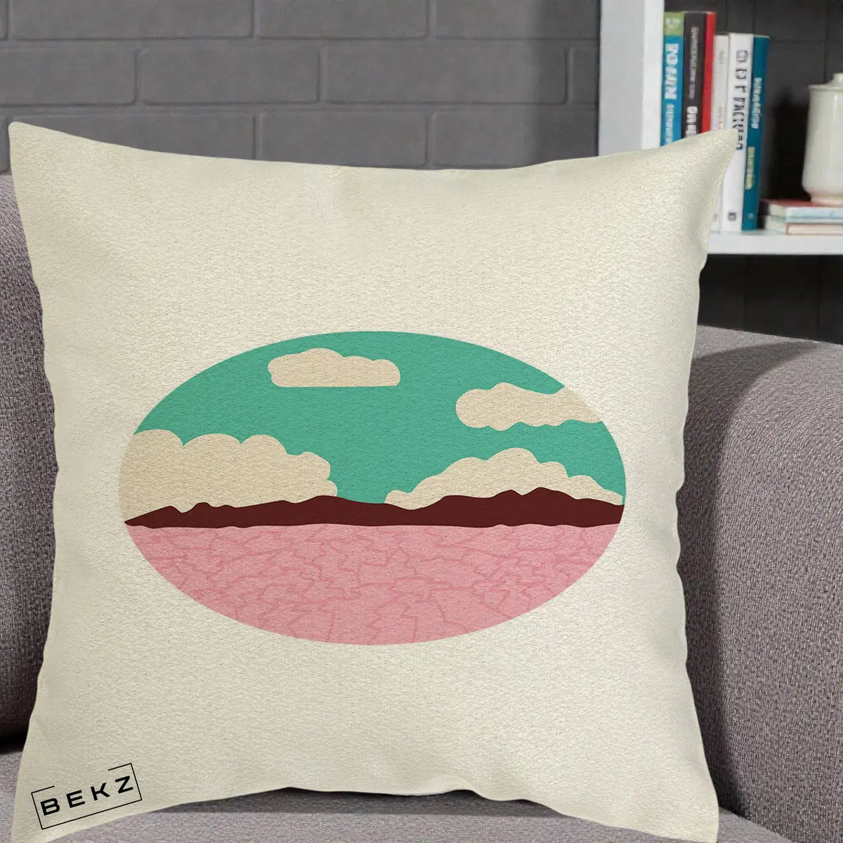 Perna Decorativa Peisaj Desert Oval Pastel, 40x40 cm, Ecru, Husa Detasabila, Perna, BEKZ®