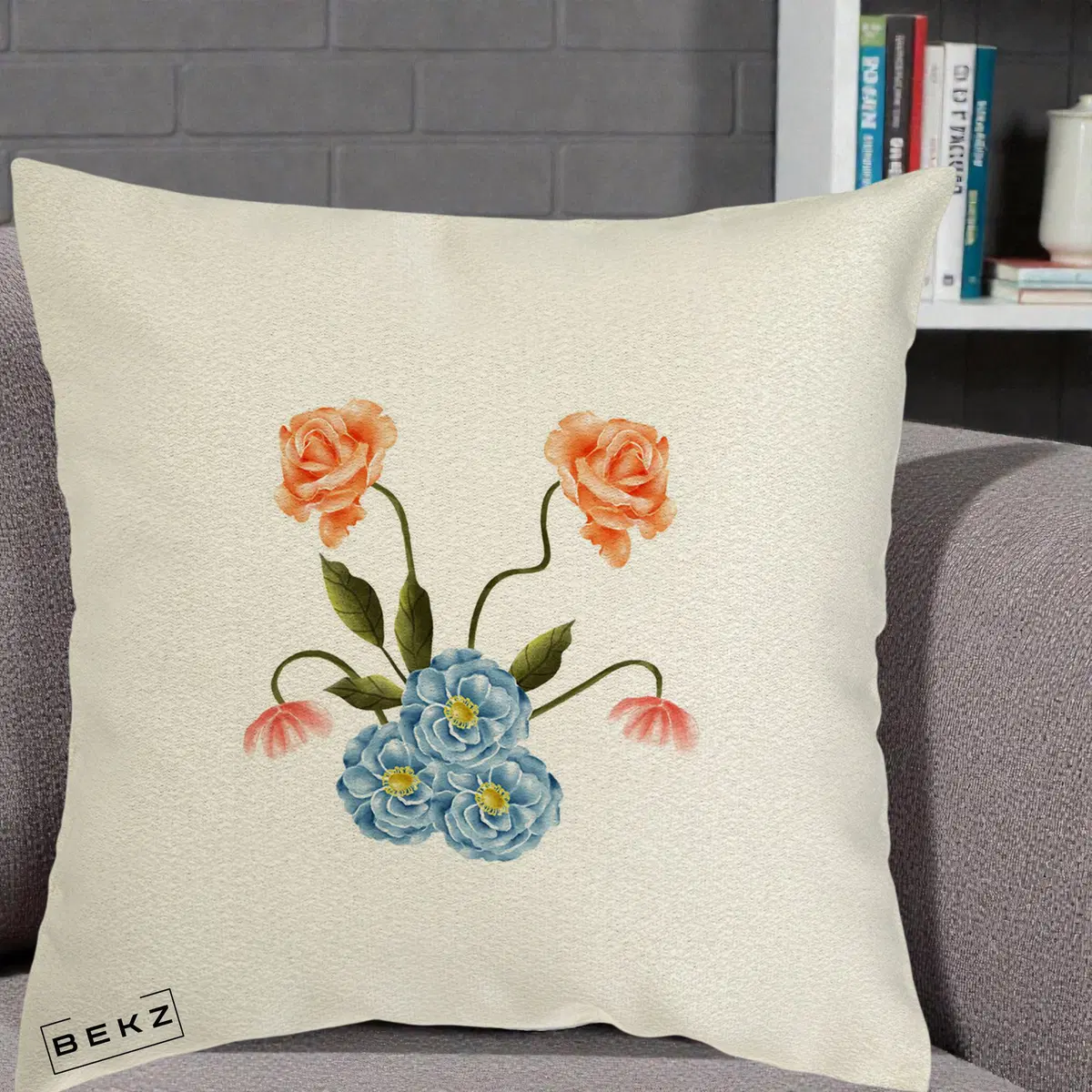 Perna Decorativa Trandafiri si Bujori Acuarela, 40x40 cm, Ecru, Husa Detasabila, Perna, BEKZ®