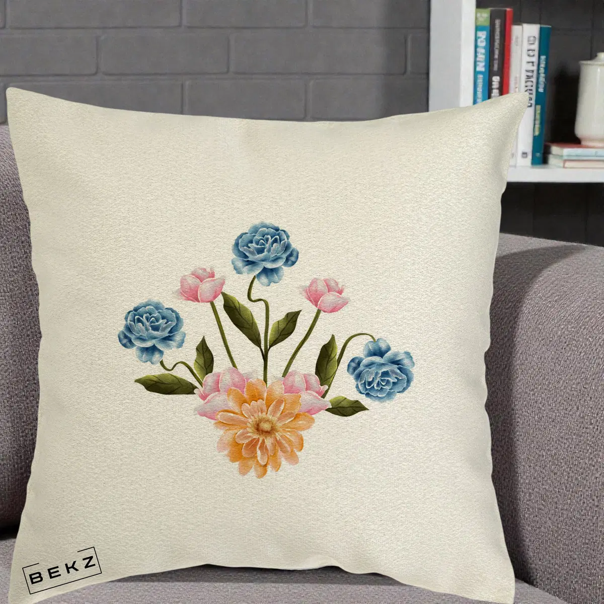 Perna Decorativa Buchet Primavara Acuarela, 40x40 cm, Ecru, Husa Detasabila, Perna, BEKZ®