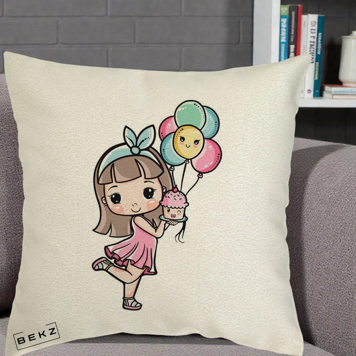 Perna Decorativa Fetita Kawaii cu Baloane si Cupcake, 40x40 cm, Ecru, Husa Detasabila, Perna, BEKZ®