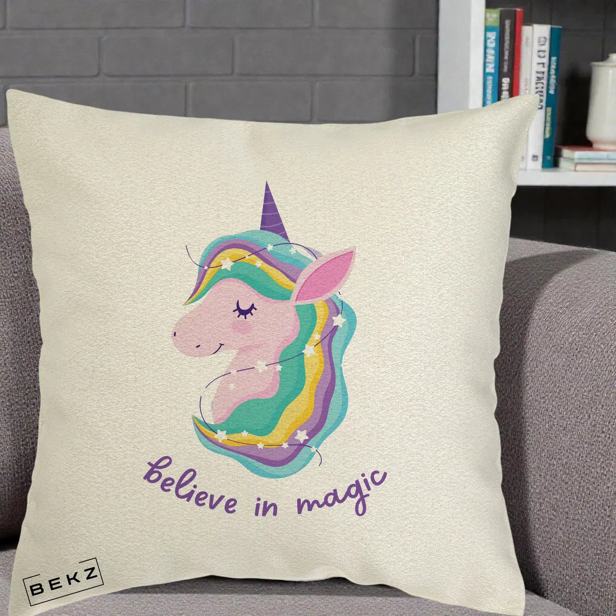 Perna Decorativa Unicorn Believe in Magic, 40x40 cm, Ecru, Husa Detasabila, Perna, BEKZ®
