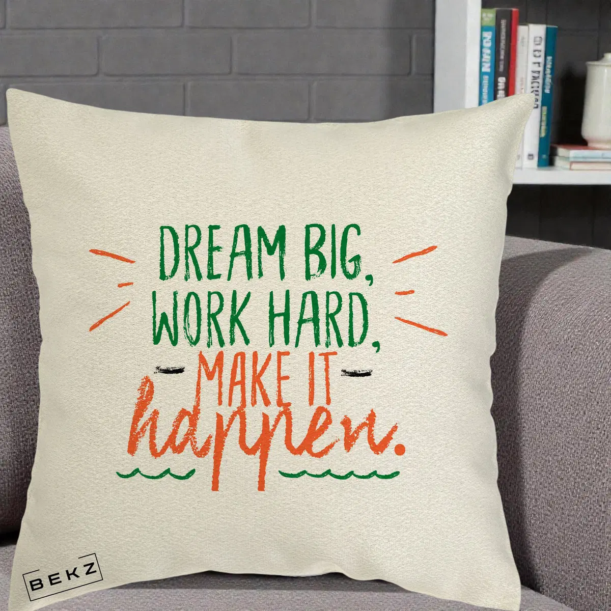 Perna Decorativa Dream Big Work Hard Mesaj Motivational, 40x40 cm, Ecru, Husa Detasabila, Perna, BEKZ®