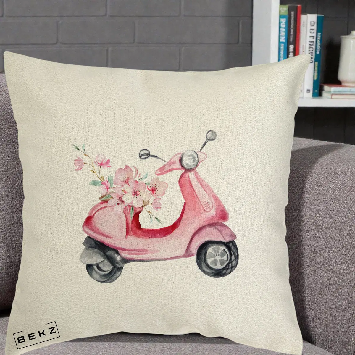 Perna Decorativa Scuter Roz cu Flori Acuarela, 40x40 cm, Ecru, Husa Detasabila, Perna, BEKZ®