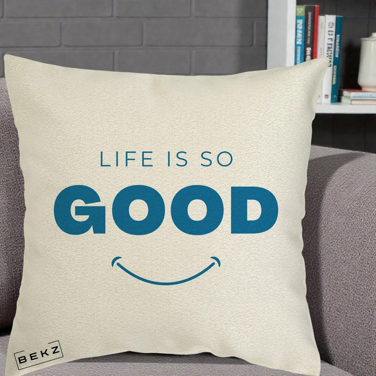 Perna Decorativa Life is So Good Mesaj Pozitiv, 40x40 cm, Ecru, Husa Detasabila, Perna, BEKZ®