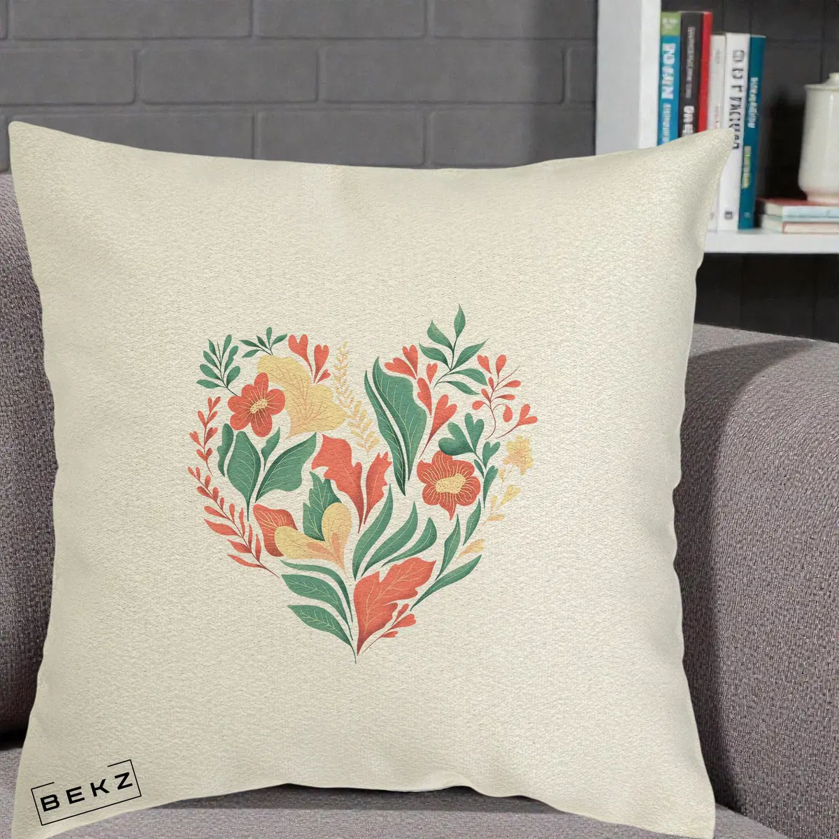 Perna Decorativa Inima Florala Botanica, 40x40 cm, Ecru, Husa Detasabila, Perna, BEKZ®