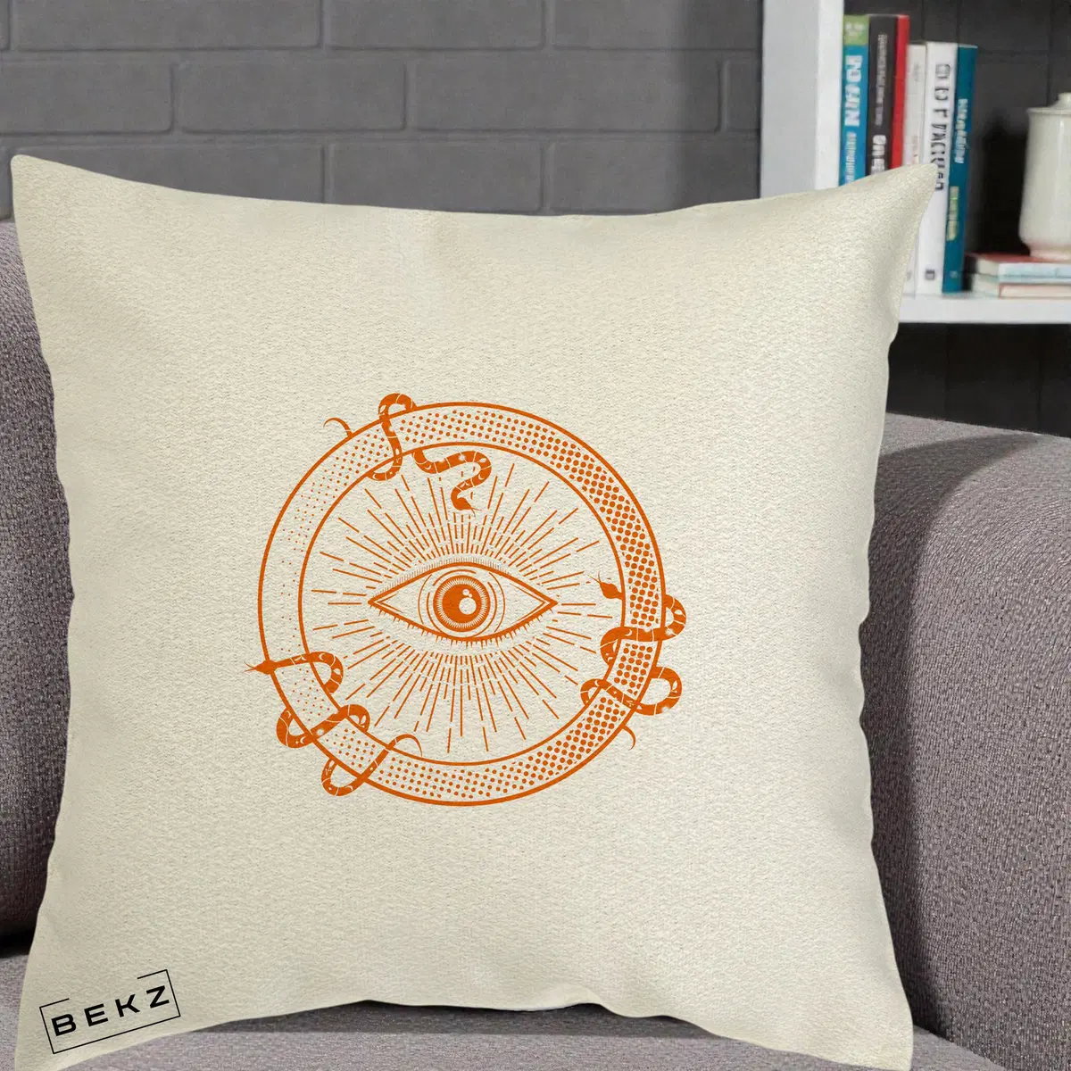 Perna Decorativa Ochiul Providentei Mistic Orange, 40x40 cm, Ecru, Husa Detasabila, Perna, BEKZ®