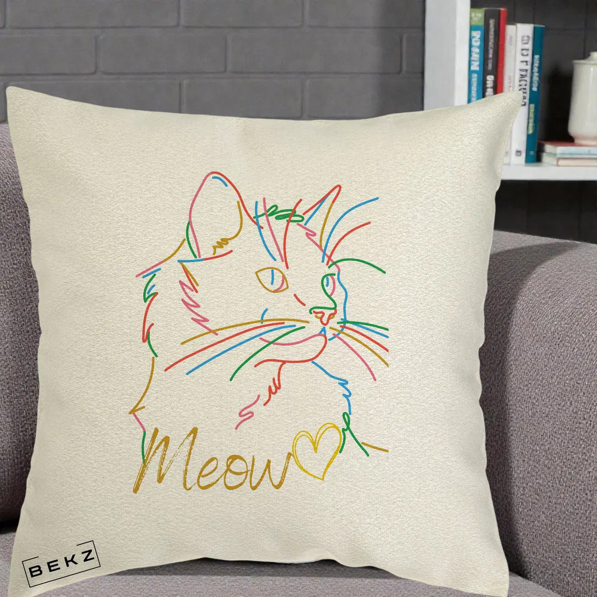 Perna Decorativa Pisica Meow Arta Linie Colorata, 40x40 cm, Ecru, Husa Detasabila, Perna, BEKZ®