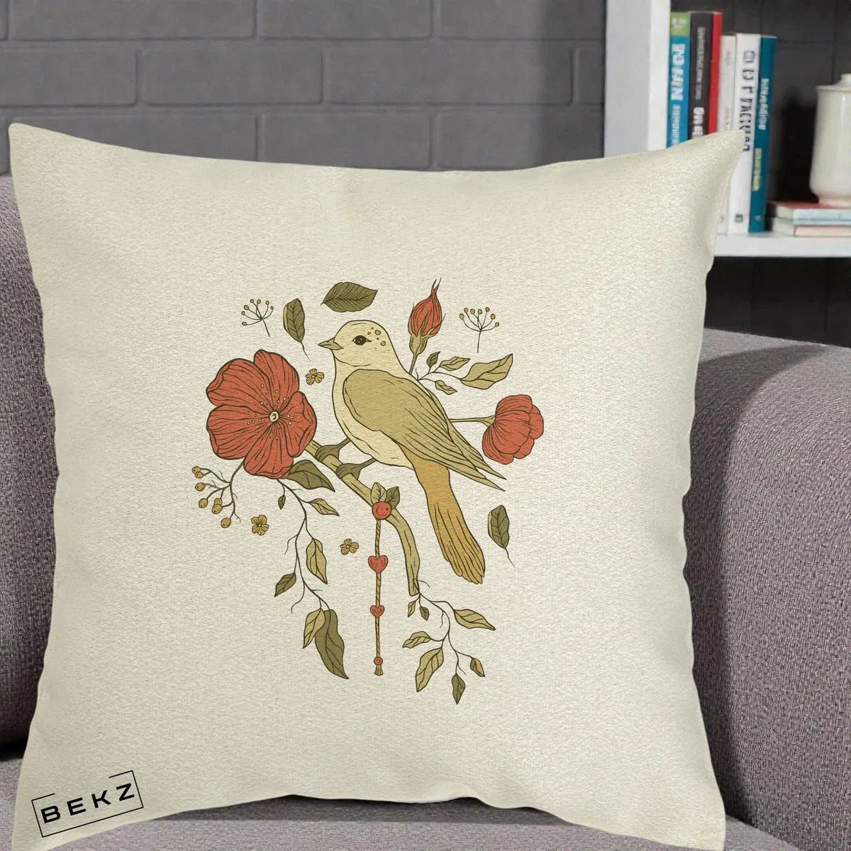 Perna Decorativa Pasare pe Ramura cu Maci, 40x40 cm, Ecru, Husa Detasabila, Perna, BEKZ®