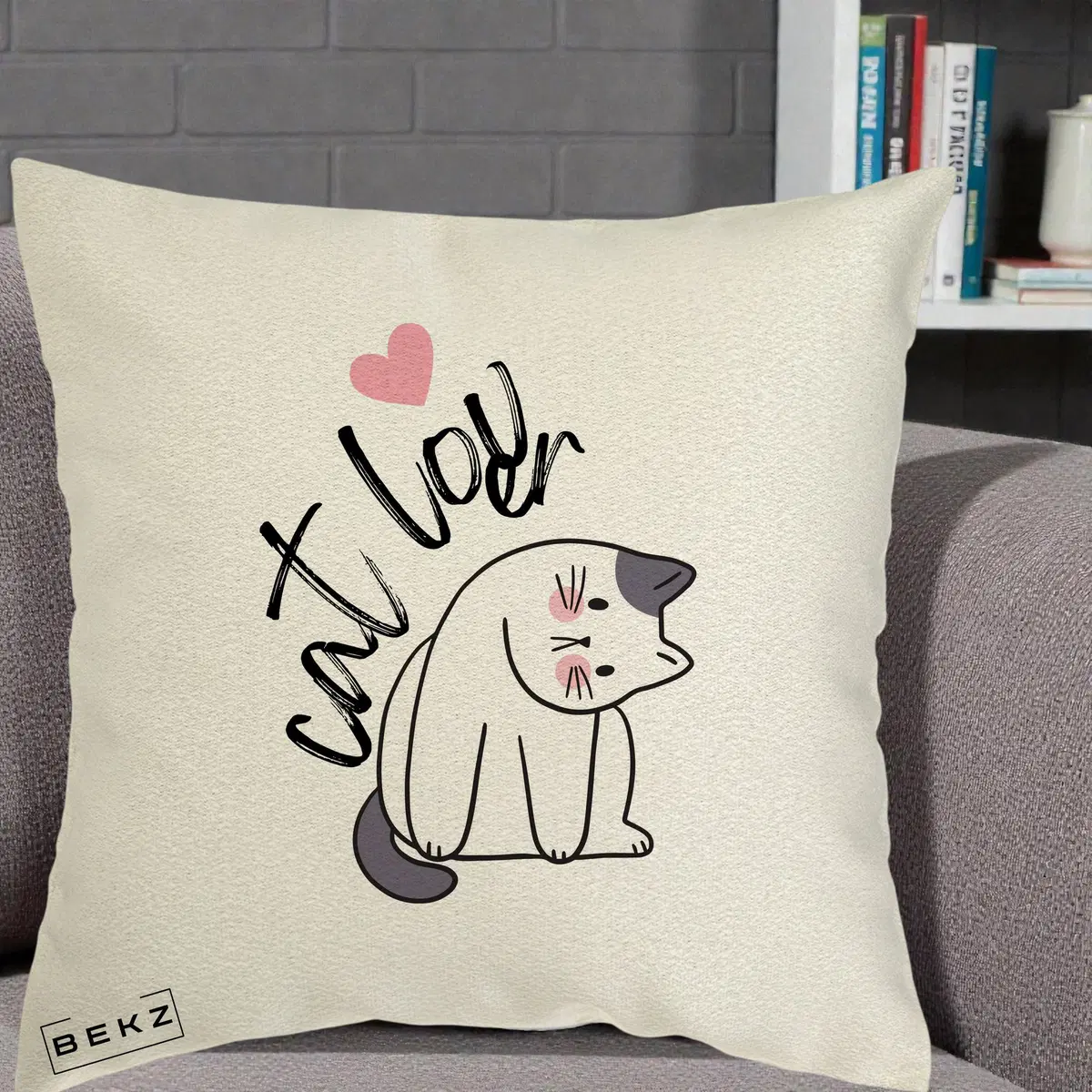 Perna Decorativa Cat Lover Pisica Ilustratie Linie, 40x40 cm, Ecru, Husa Detasabila, Perna, BEKZ®