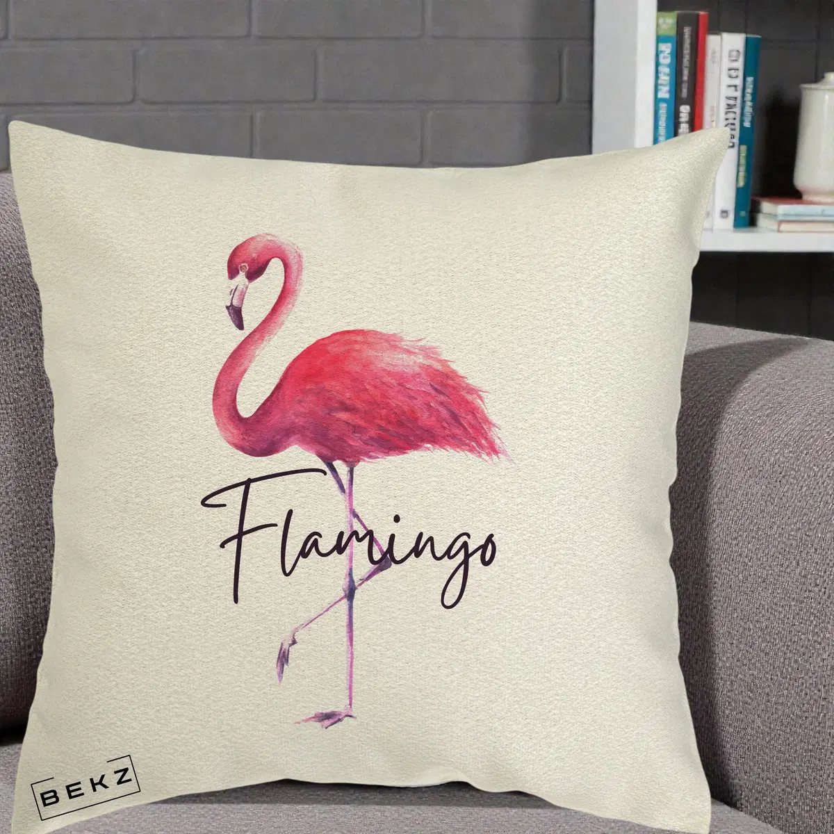 Perna Decorativa Flamingo Acuarela, 40x40 cm, Ecru, Husa Detasabila, Perna, BEKZ®