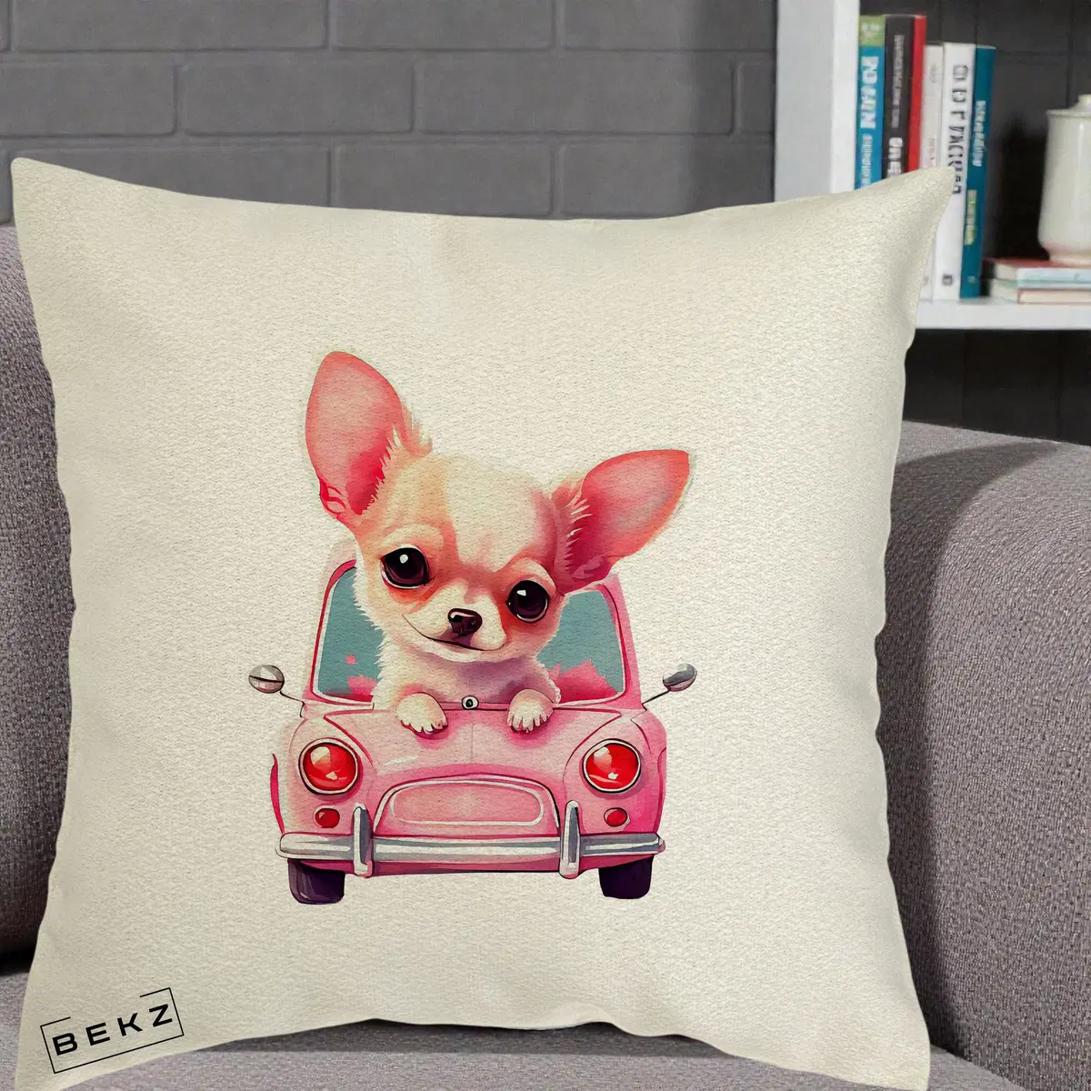 Perna Decorativa Chihuahua Roz in Masinuta, 40x40 cm, Ecru, Husa Detasabila, Perna, BEKZ®