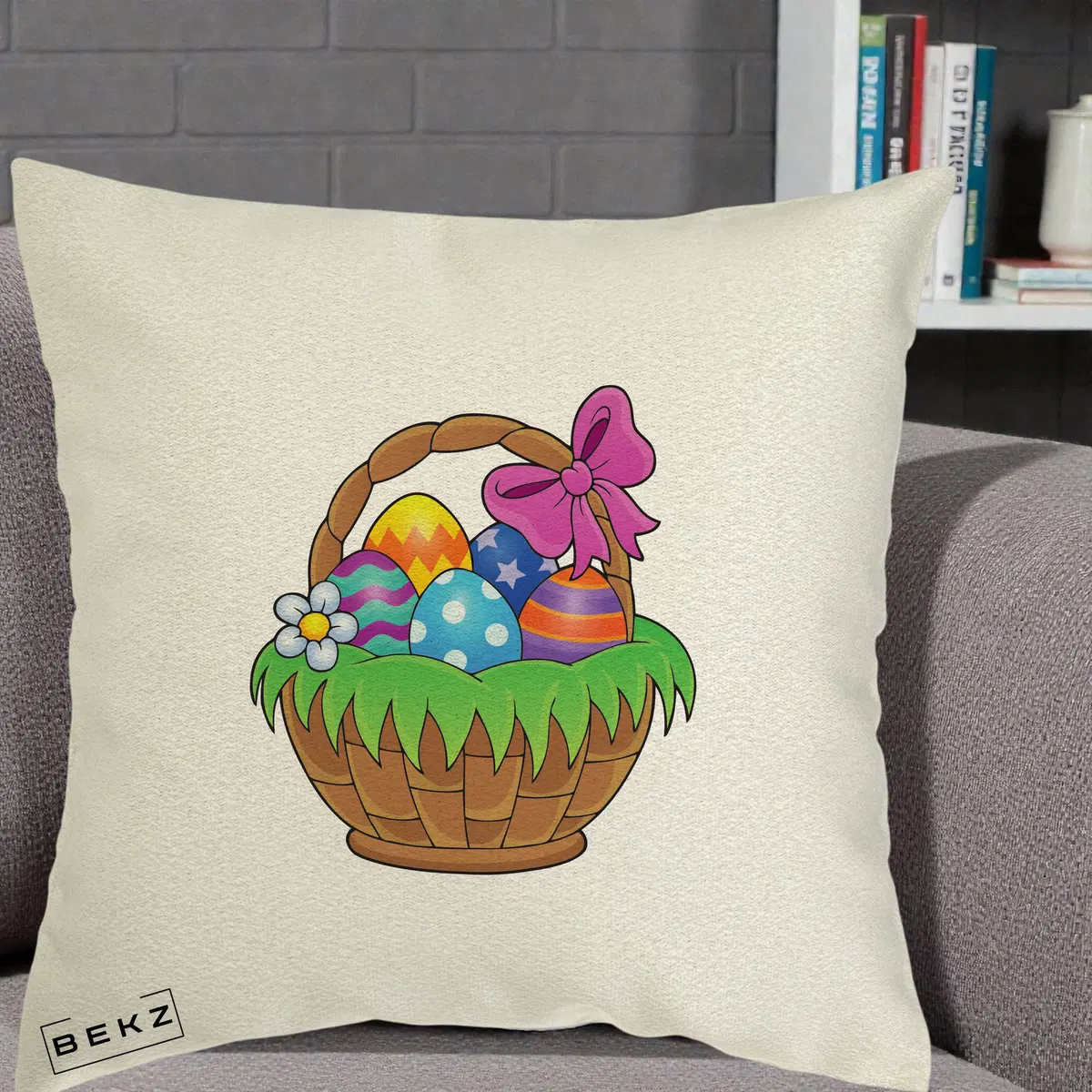 Perna Decorativa Cos cu Oua de Pasti Colorat, 40x40 cm, Ecru, Husa Detasabila, Perna, BEKZ®