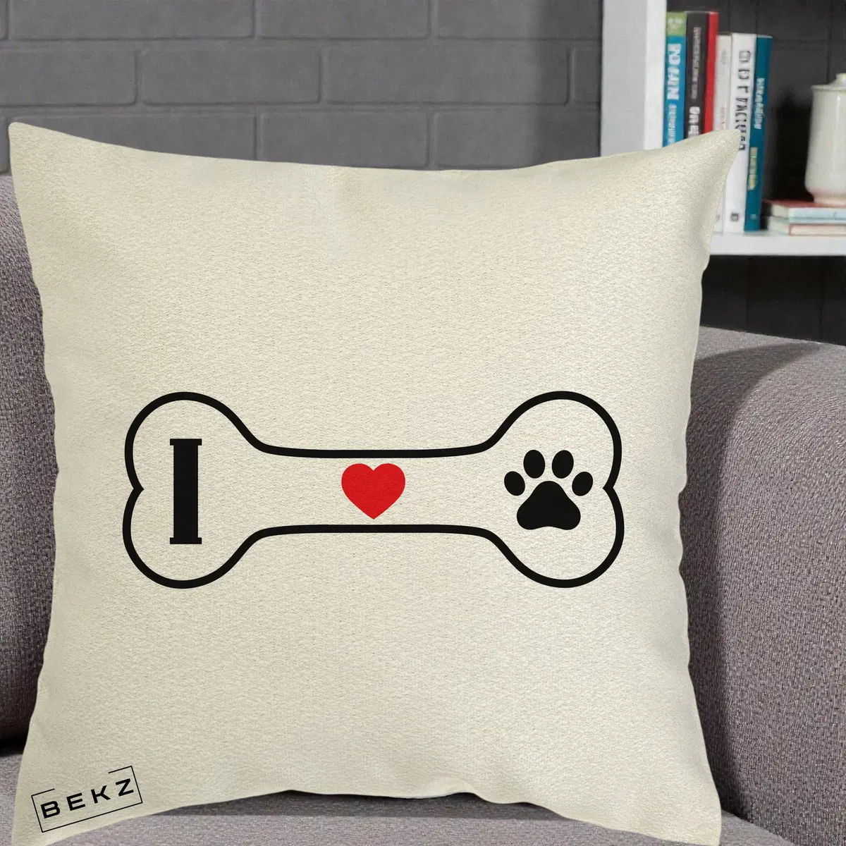 Perna Decorativa I Love Dog Os si Labuta, 40x40 cm, Ecru, Husa Detasabila, Perna, BEKZ®