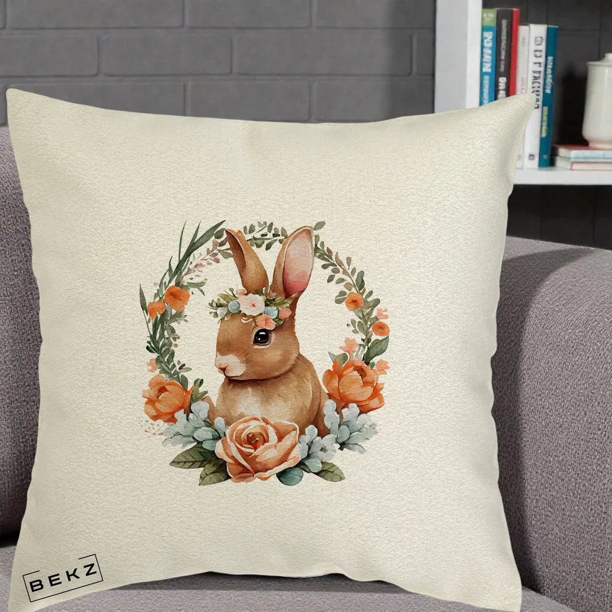Perna Decorativa Iepuras Floral Coronita Acuarela, 40x40 cm, Ecru, Husa Detasabila, Perna, BEKZ®