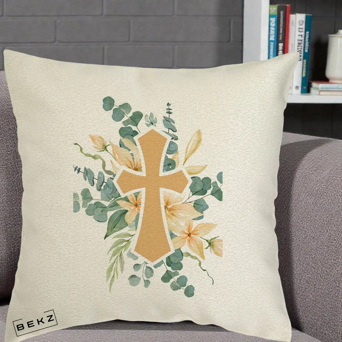 Perna Decorativa Cruce Florala Botez, 40x40 cm, Ecru, Husa Detasabila, Perna, BEKZ®