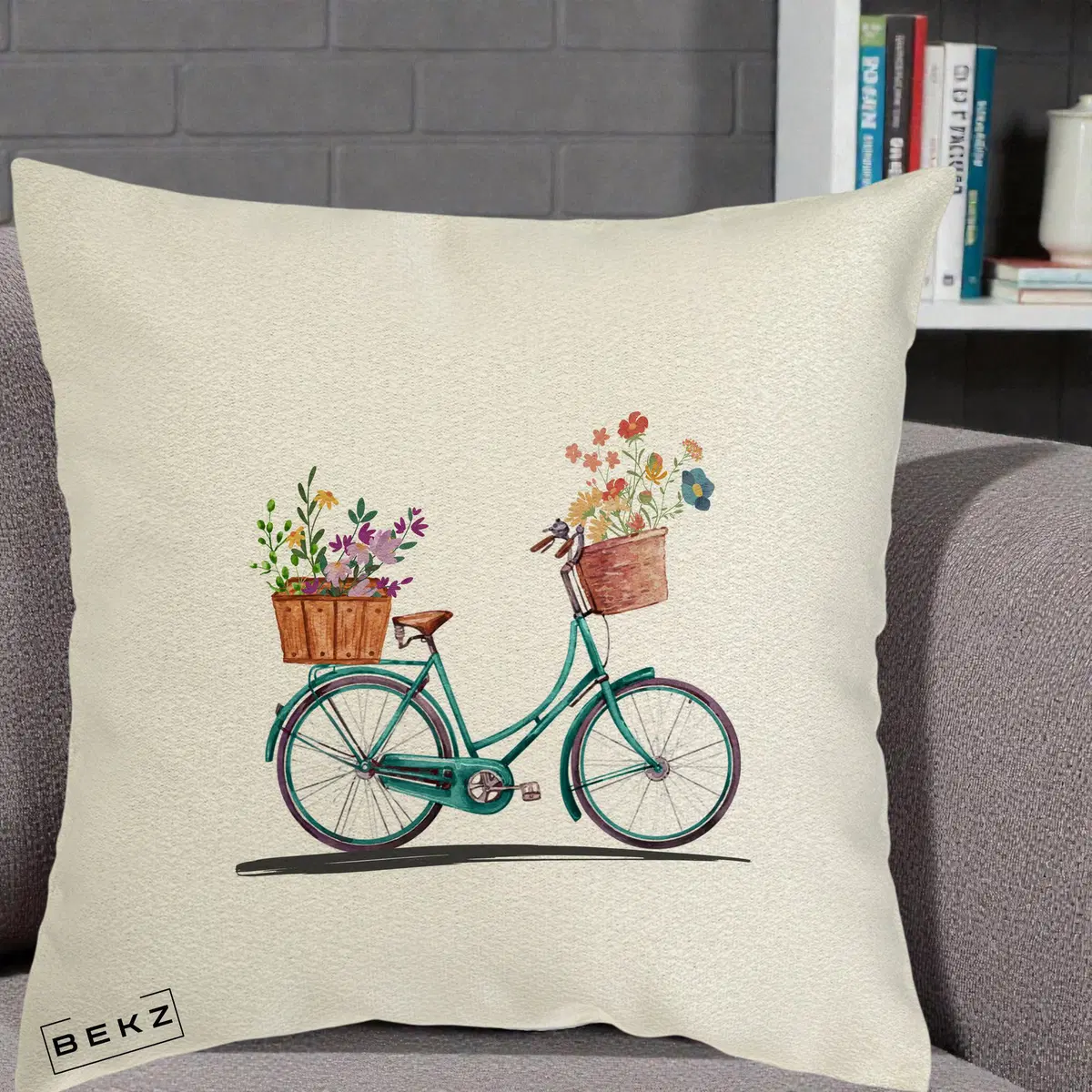 Perna Decorativa Bicicleta Florala Turcoaz Acuarela, 40x40 cm, Ecru, Husa Detasabila, Perna, BEKZ®