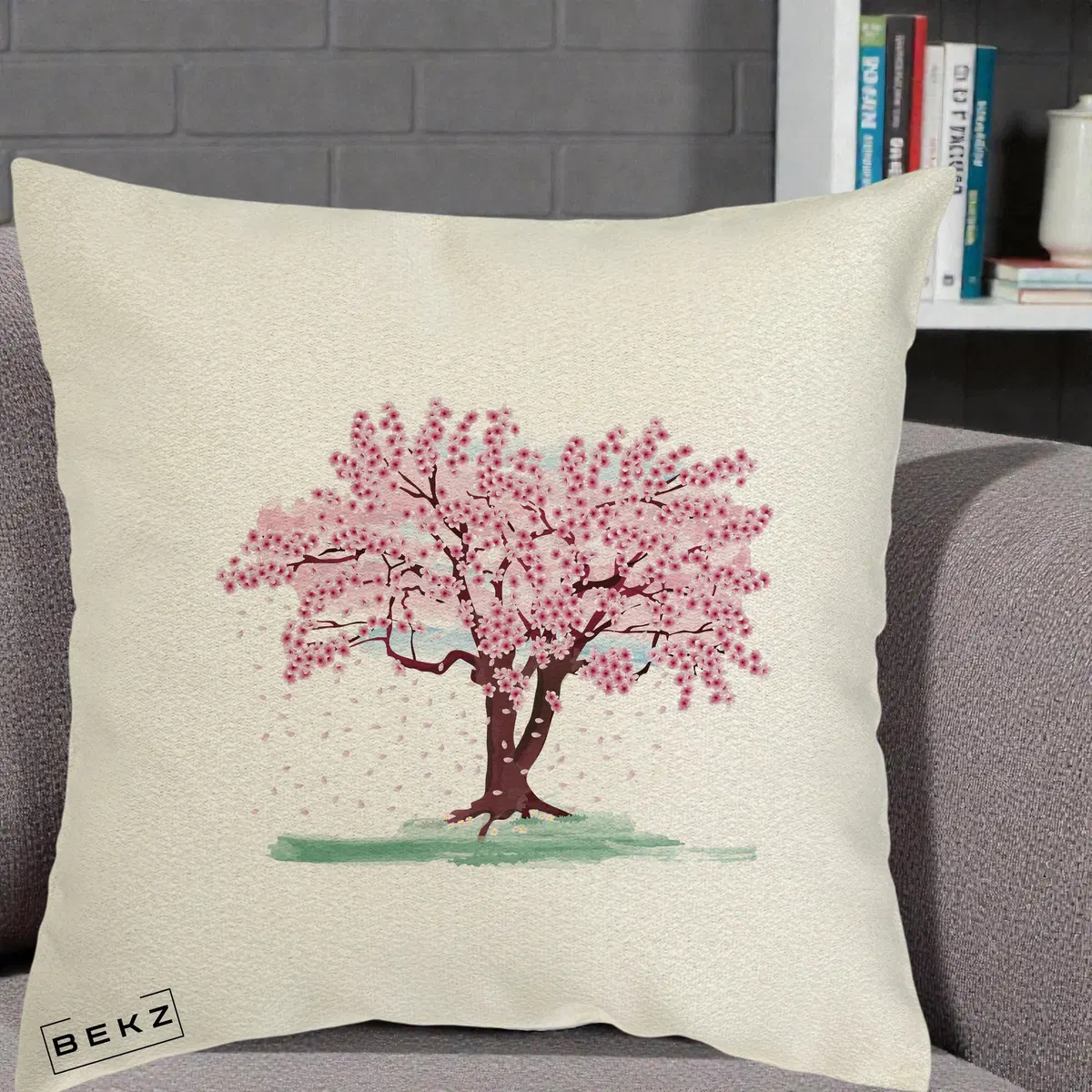 Perna Decorativa Cires Inflorit Acuarela, 40x40 cm, Ecru, Husa Detasabila, Perna, BEKZ®