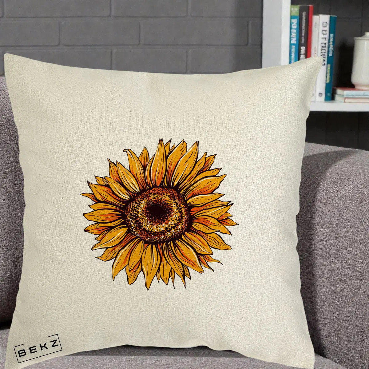 Perna Decorativa Floarea Soarelui Vibranta, 40x40 cm, Ecru, Husa Detasabila, Perna, BEKZ®