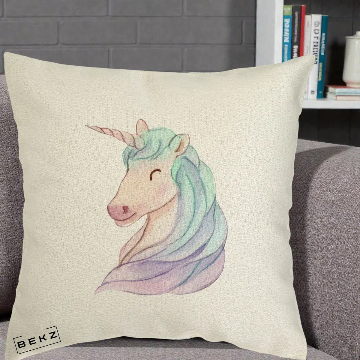 Perna Decorativa Unicorn Acuarela Pastel, 40x40 cm, Ecru, Husa Detasabila, Perna, BEKZ®