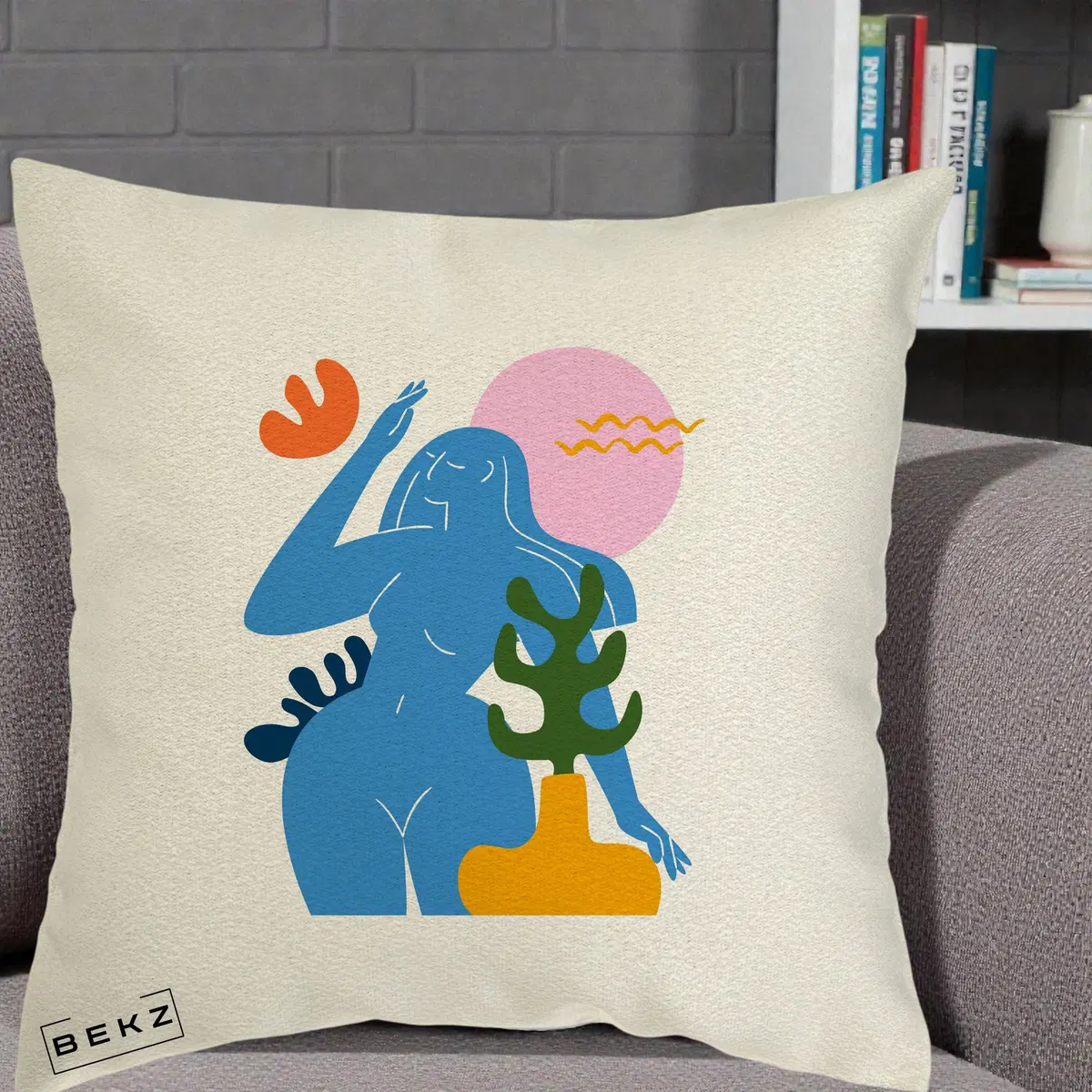 Perna Decorativa Femeie Albastra Cactus, 40x40 cm, Ecru, Husa Detasabila, Perna, BEKZ®