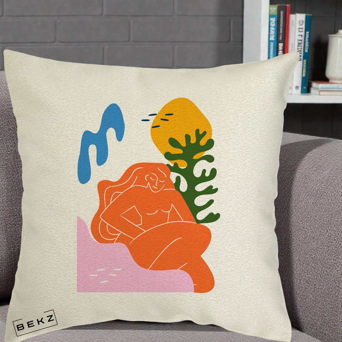 Perna Decorativa Femeie Portocalie Relaxata, 40x40 cm, Ecru, Husa Detasabila, Perna, BEKZ®