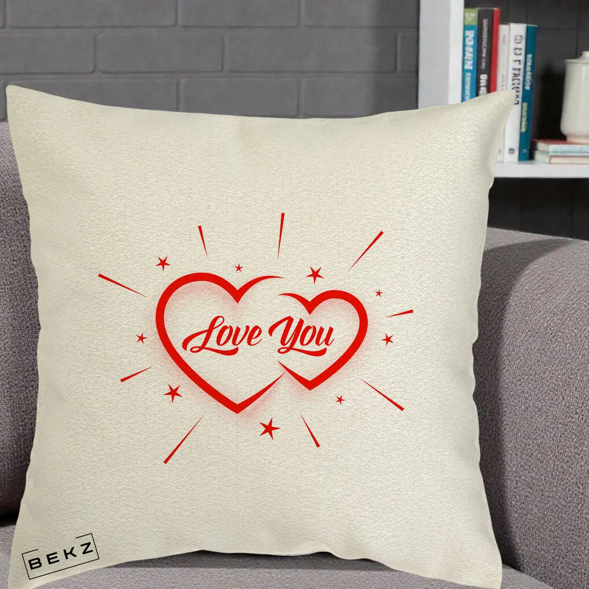 Perna Decorativa Love You Doua Inimi, 40x40 cm, Ecru, Husa Detasabila, Perna, BEKZ®