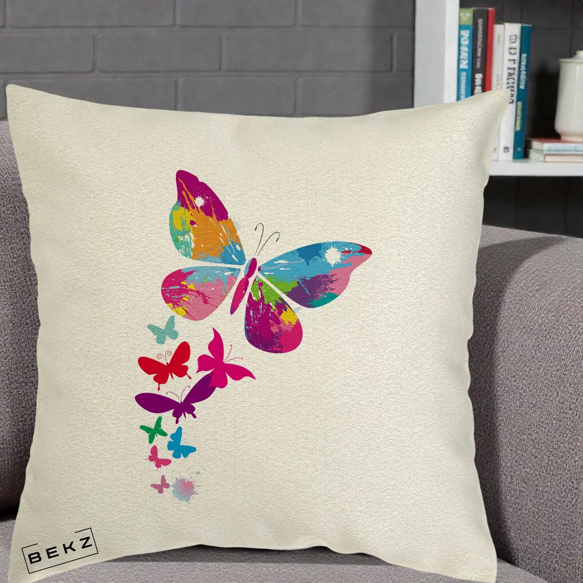Perna Decorativa Fluturi Splash, 40x40 cm, Ecru, Husa Detasabila, Perna, BEKZ®