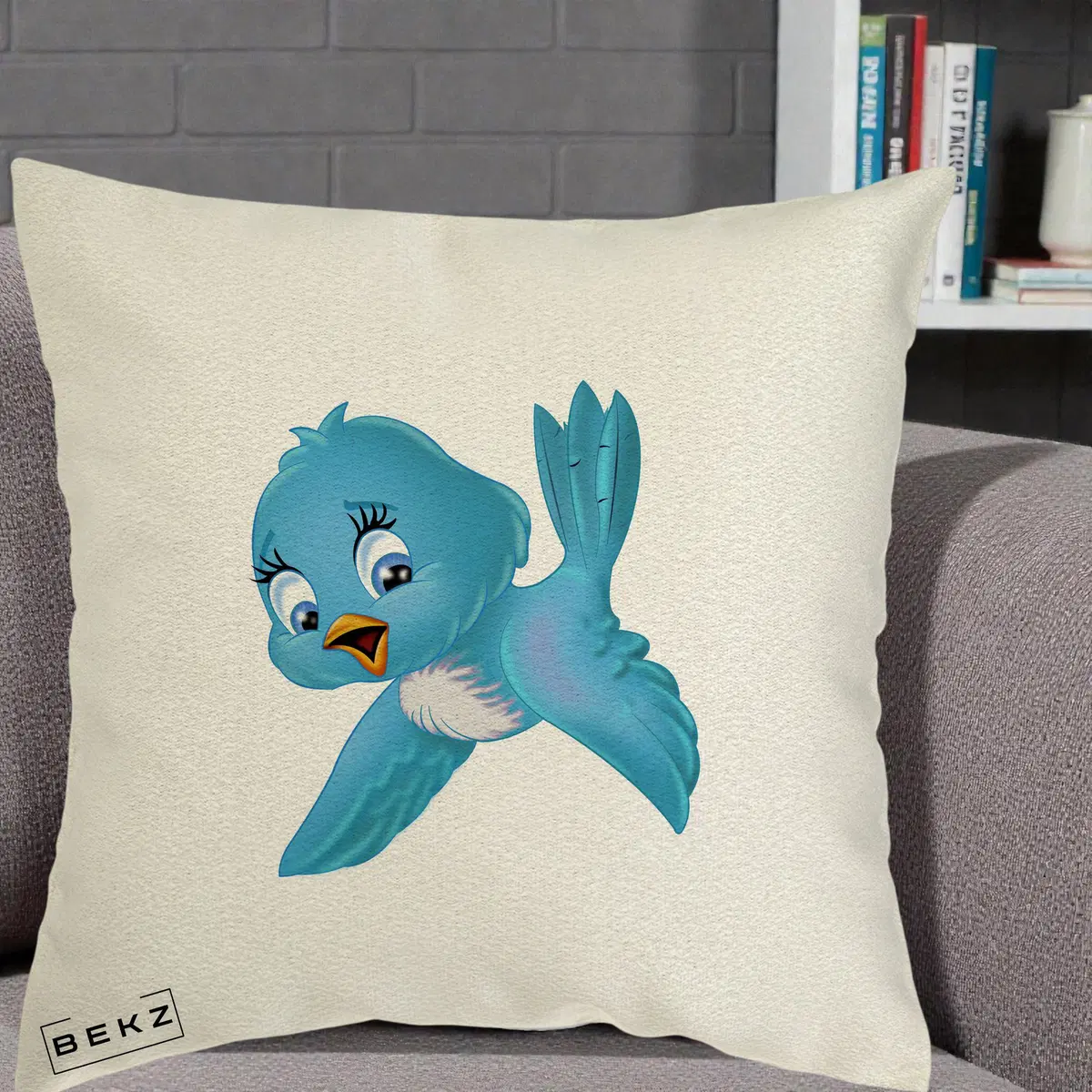 Perna Decorativa Pui de Pasare Albastru, 40x40 cm, Ecru, Husa Detasabila, Perna, BEKZ®
