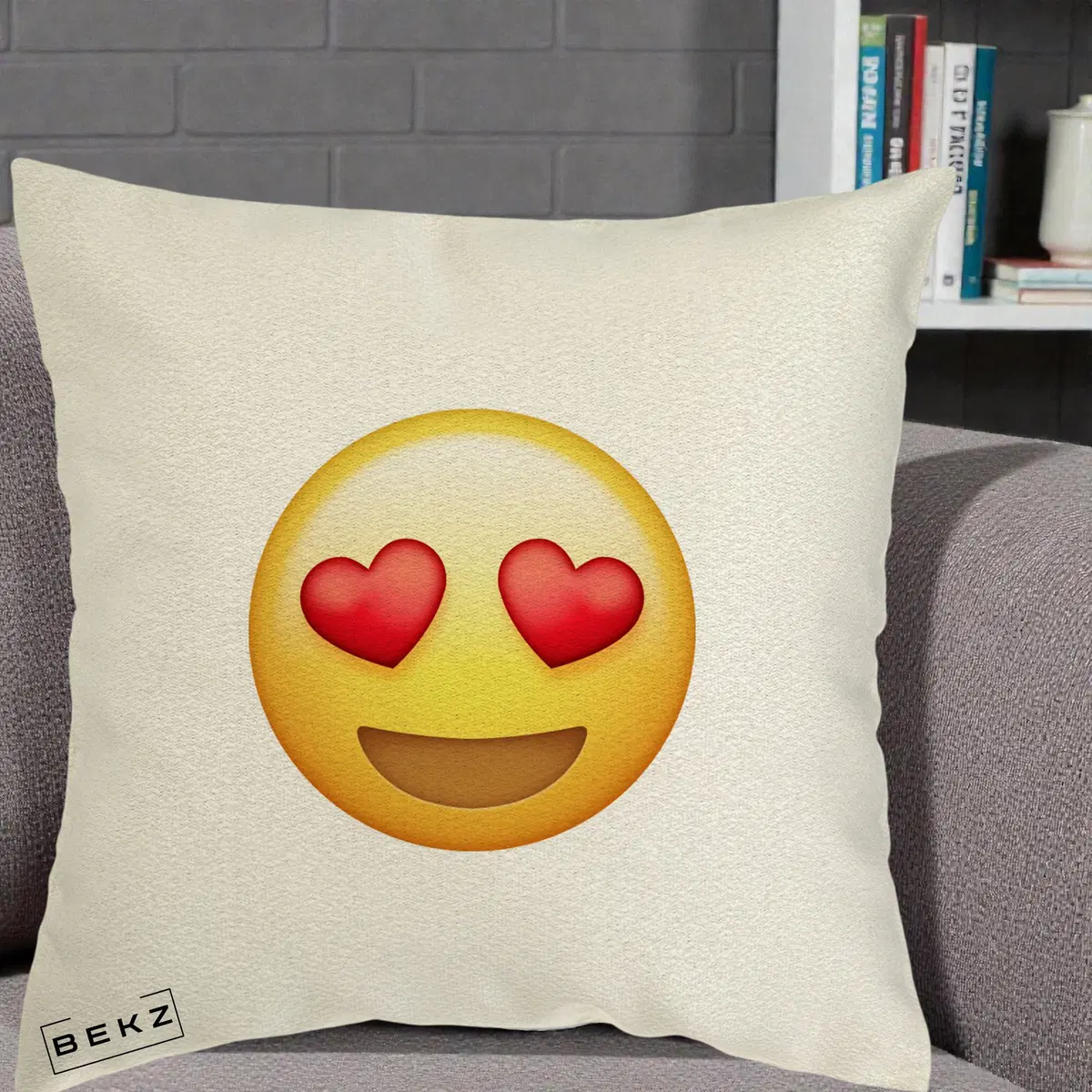 Perna Decorativa Emoji Inimi in Ochi, 40x40 cm, Ecru, Husa Detasabila, Perna, BEKZ®