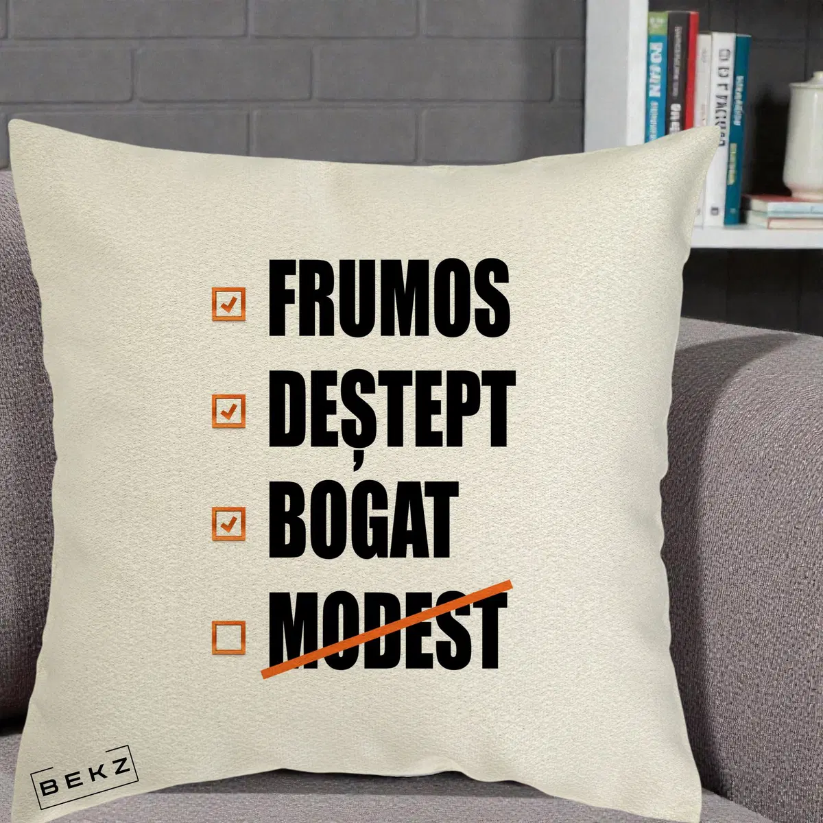 Perna Decorativa Frumos Destept Bogat, 40x40 cm, Ecru, Husa Detasabila, Perna, BEKZ®