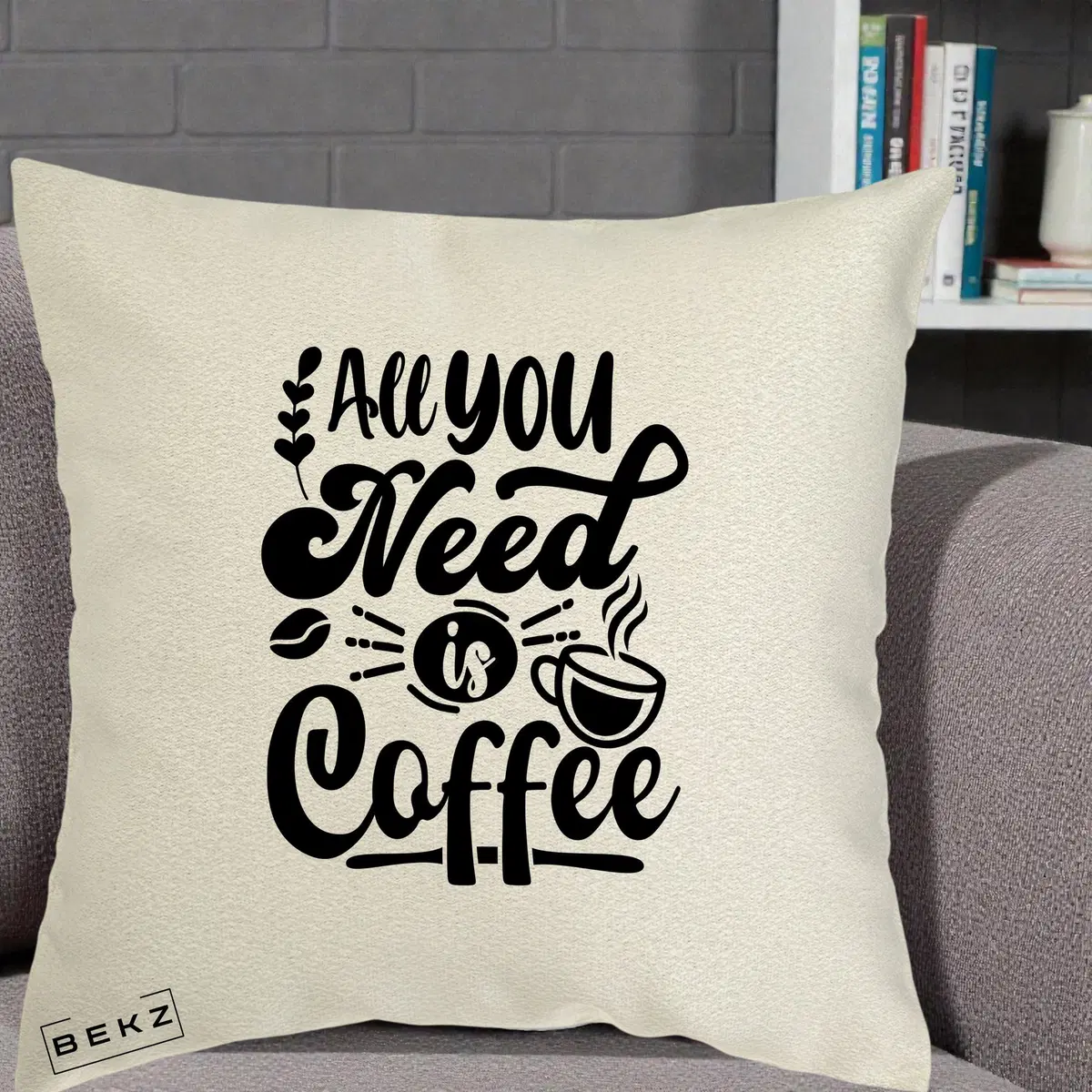 Perna Decorativa All You Need Is Coffee, 40x40 cm, Ecru, Husa Detasabila, Perna, BEKZ®