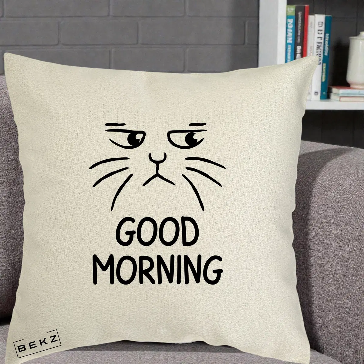 Perna Decorativa Pisica Morocanoasa Good Morning, 40x40 cm, Ecru, Husa Detasabila, Perna, BEKZ®