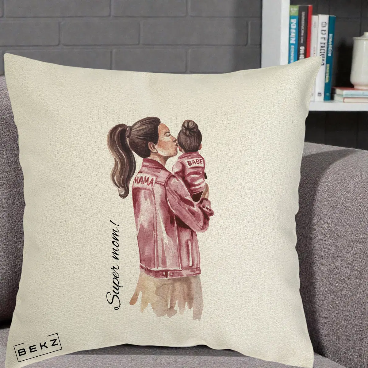 Perna Decorativa Super Mom Jachete Roz, 40x40 cm, Ecru, Husa Detasabila, Perna, BEKZ®