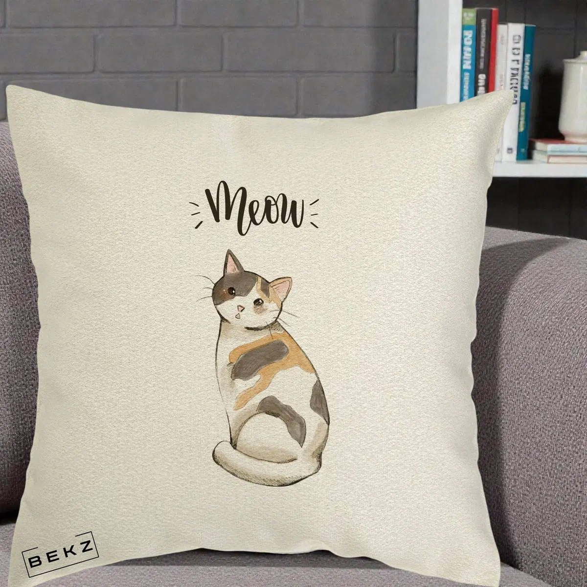 Perna Decorativa Pisica Meow Acuarela, 40x40 cm, Ecru, Husa Detasabila, Perna, BEKZ®