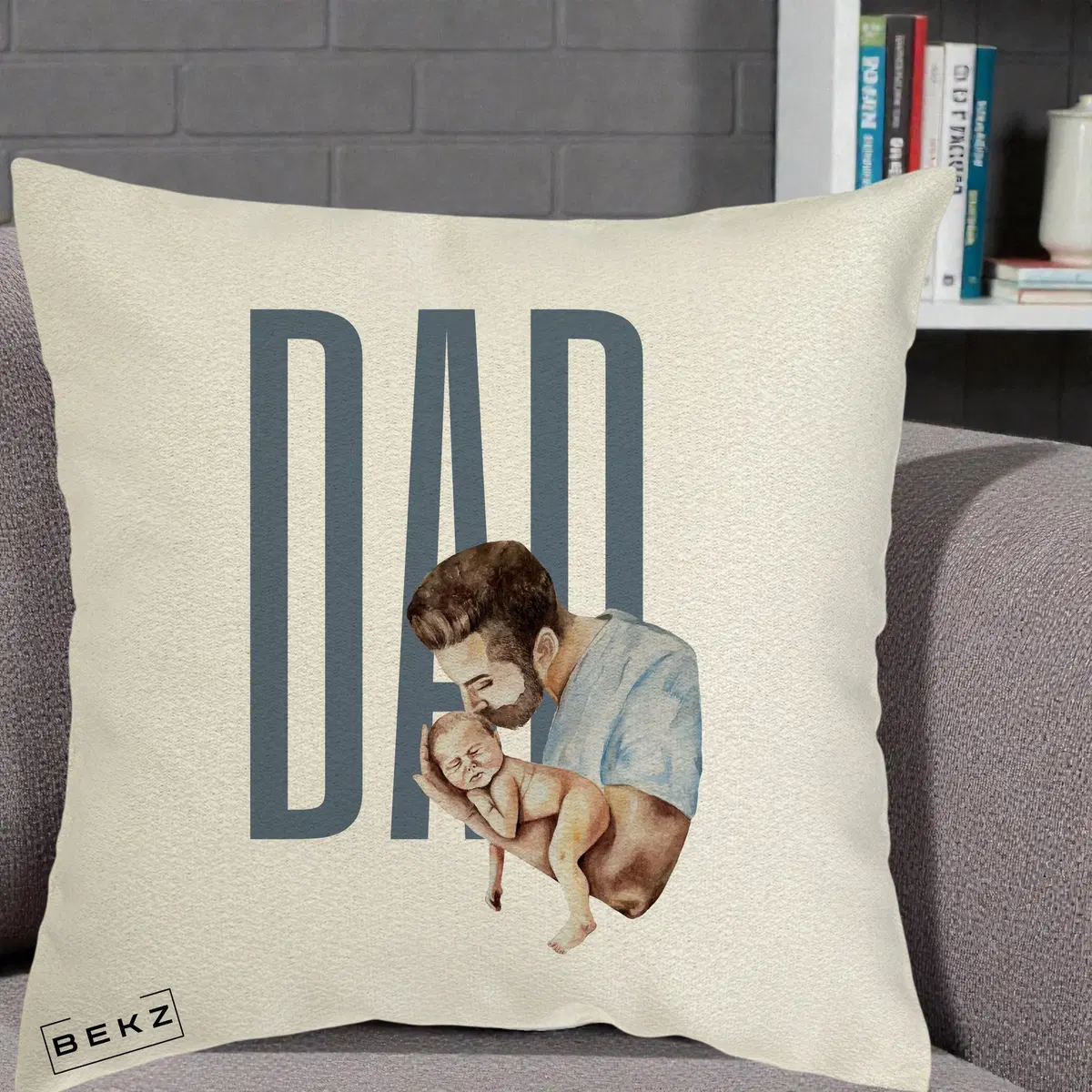 Perna Decorativa DAD Tata si Nou-Nascut, 40x40 cm, Ecru, Husa Detasabila, Perna, BEKZ®