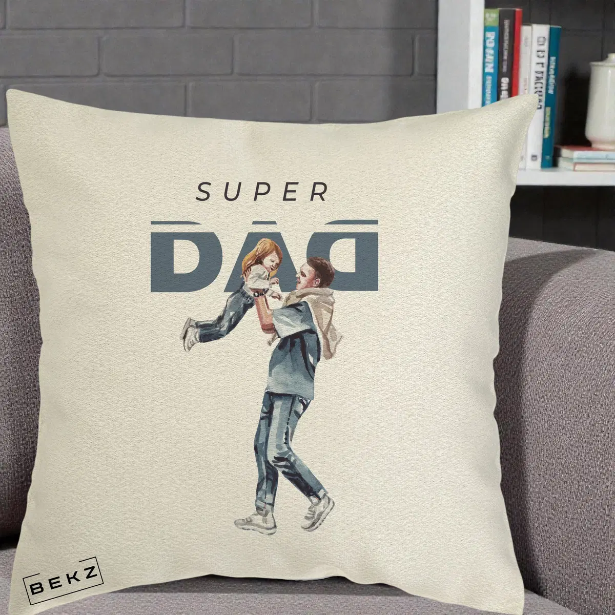 Perna Decorativa Super DAD Tata si Fiica, 40x40 cm, Ecru, Husa Detasabila, Perna, BEKZ®