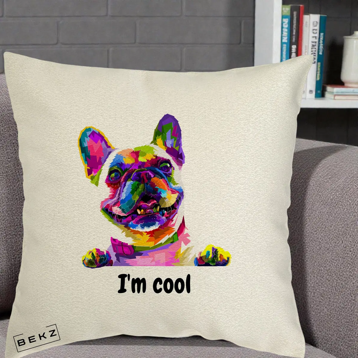 Perna Decorativa Bulldog Francez I'm Cool, 40x40 cm, Ecru, Husa Detasabila, Perna, BEKZ®