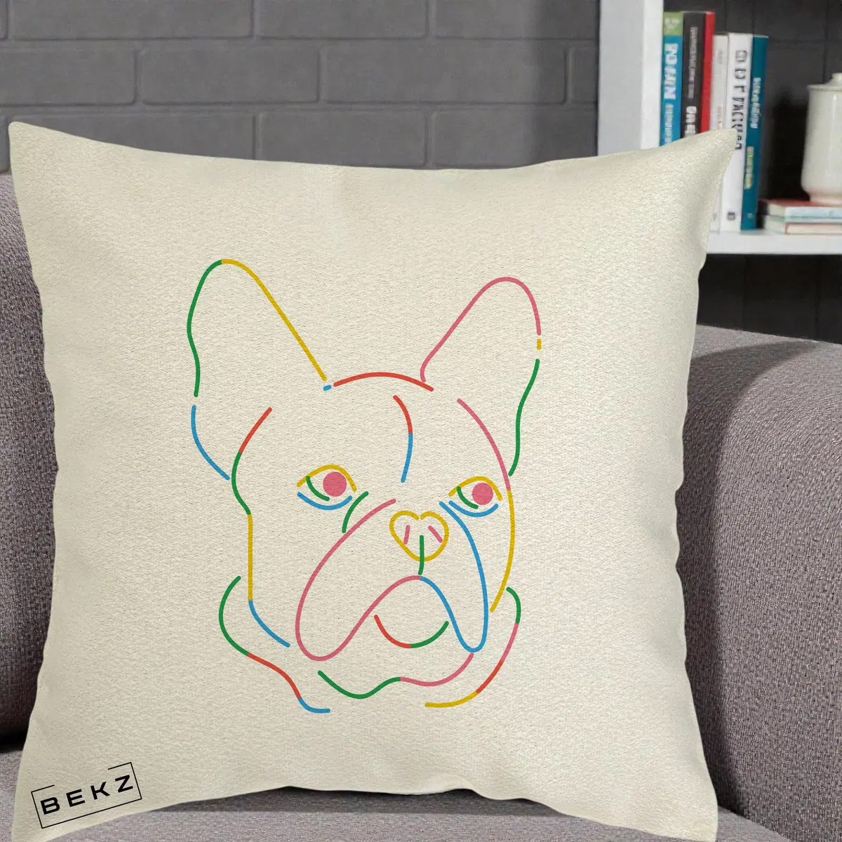 Perna Decorativa Bulldog Francez Line Art Curcubeu, 40x40 cm, Ecru, Husa Detasabila, Perna, BEKZ®