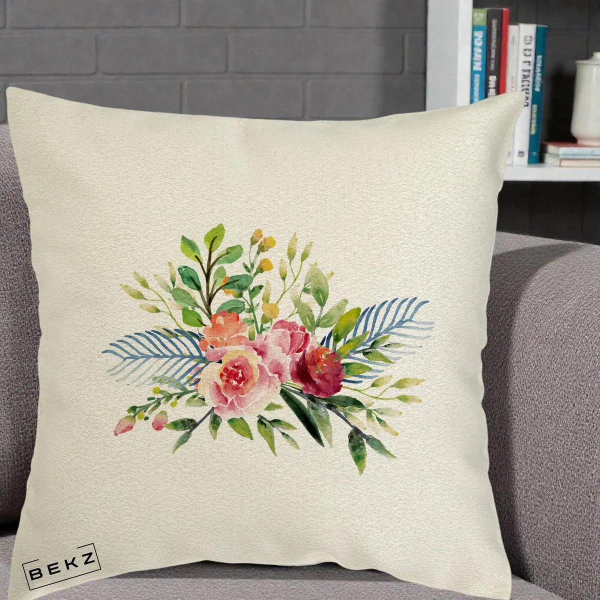 Perna Decorativa Buchet Flori Acuarela Roz-Verde, 40x40 cm, Ecru, Husa Detasabila, Perna, BEKZ®