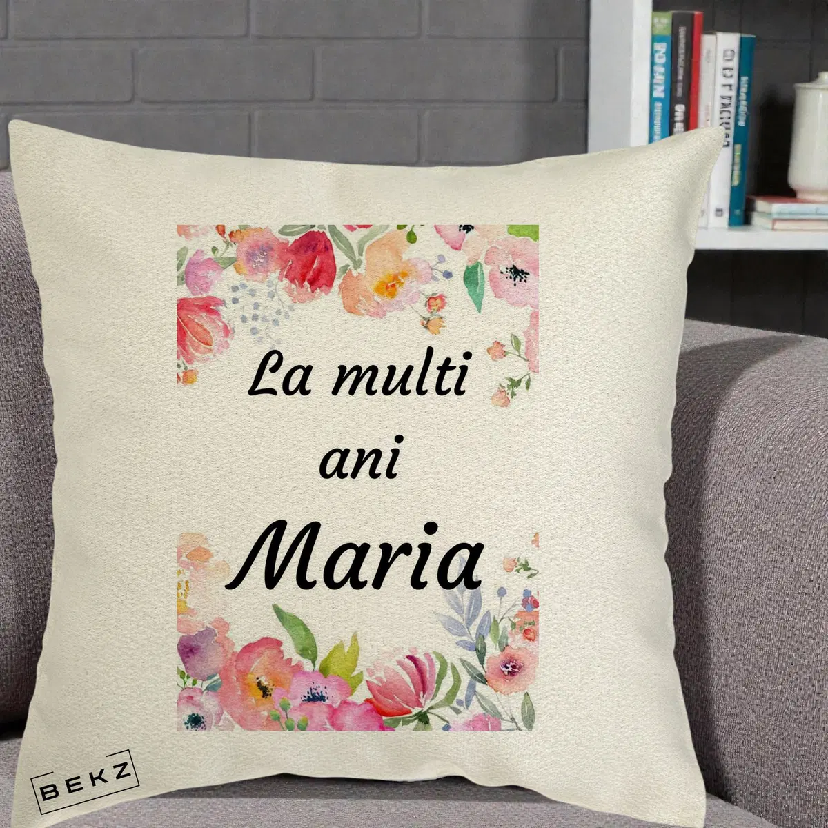 Perna Decorativa La Multi Ani Maria Flori Acuarela, 40x40 cm, Ecru, Husa Detasabila, Perna, BEKZ®